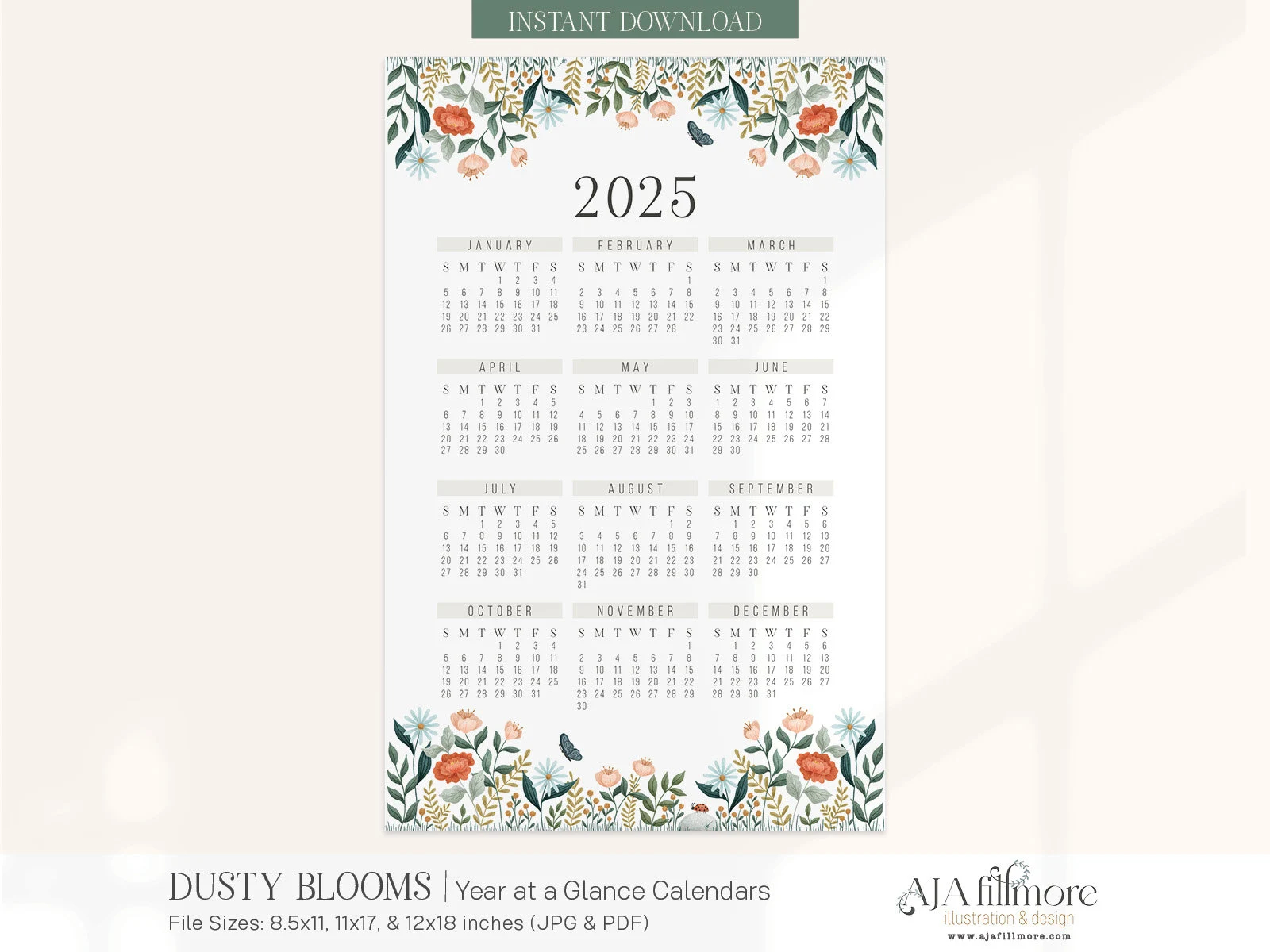 2025 Year At A Glance Calendar 2025 Wall Calendar 2025 Digital Wall Calendar Printable Calendar 2025 Year At A Glance Printable Calendar Etsy
