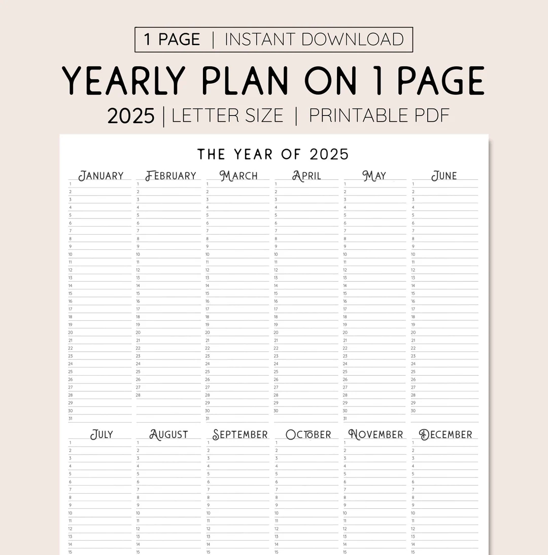 2025 year at a glance instant download yearly overview printable calendar 2025 yearly planner annual overview etsy