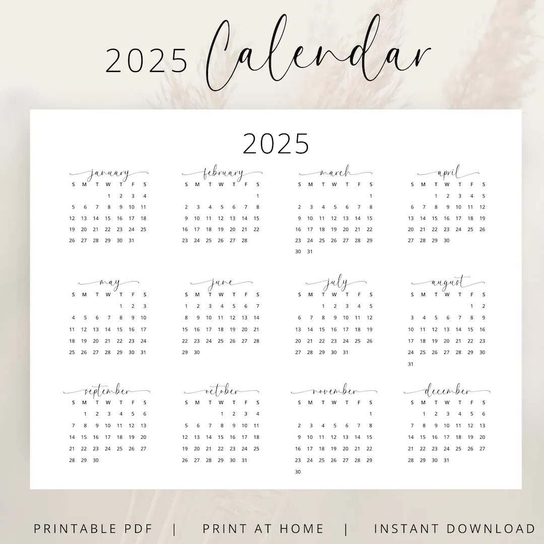 2025 Year Calendar 2025 Wall Calendar Landscape PRINTABLE PDF 2025 Yearly Calendar Horizontal A3 A4 Letter Monday Sunday Start Elegant Etsy