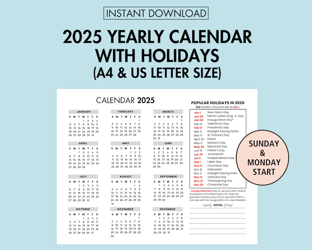 2025 Yearly Calendar With Holiday 2025 Yearly Overview 2025 Year At A Glance Printable 2025 Holiday Calendar Printable Sunday Monday Start Etsy