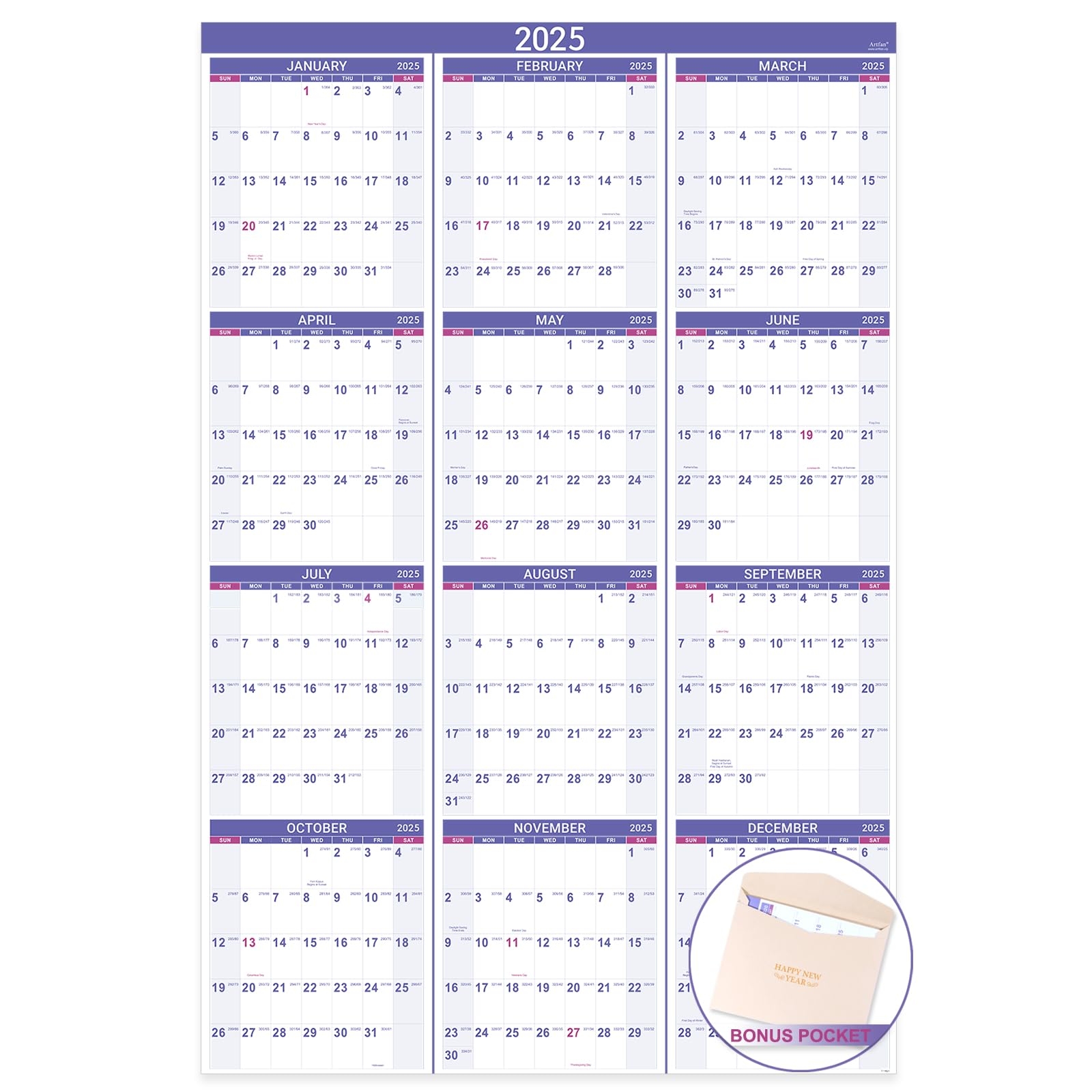 2025 Yearly Wall Calendar 2025 Wall Calendar With Julian Date Jan 2025 Dec 2025 One Page For Organizing Premium Thick Paper Vertical Gift Pocket 34 8