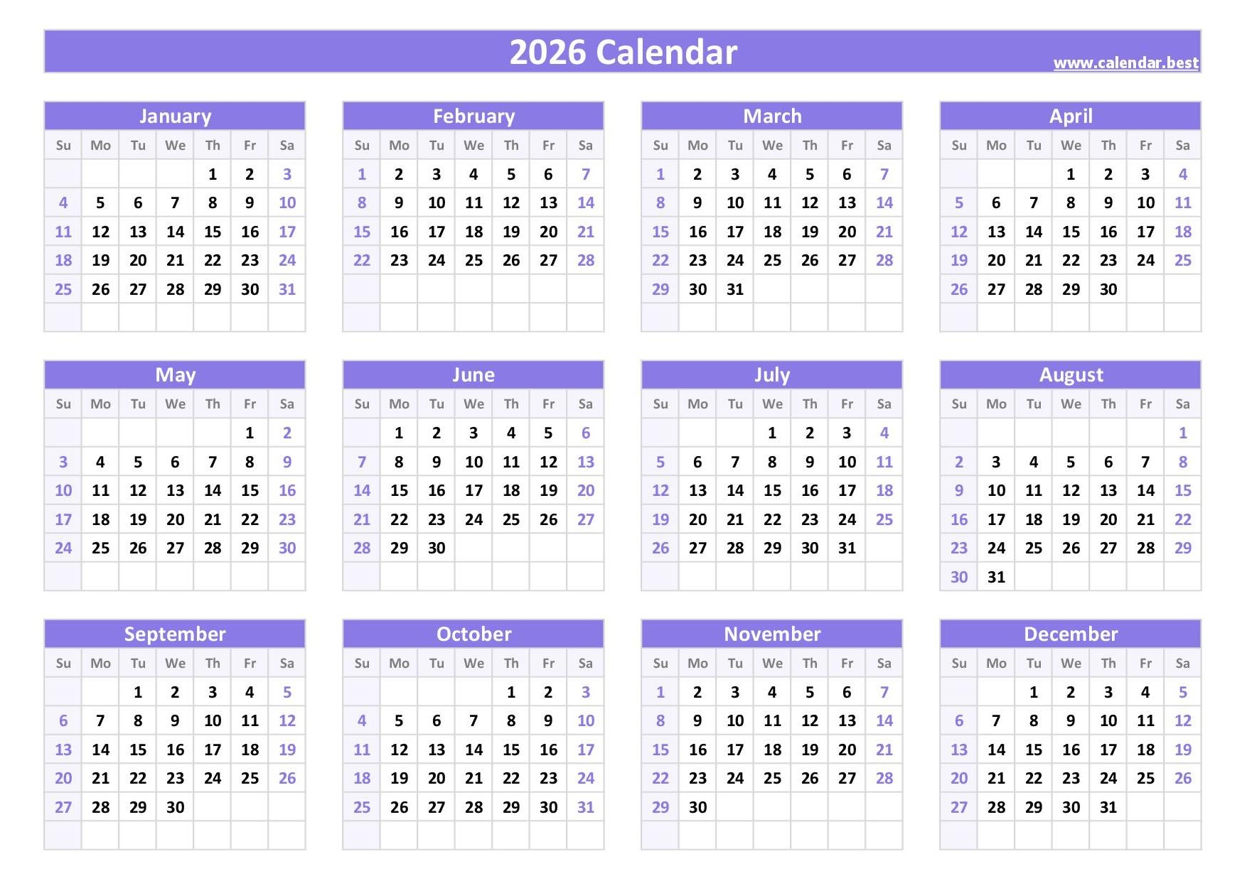 Blank Calendar 2026 Printable Free