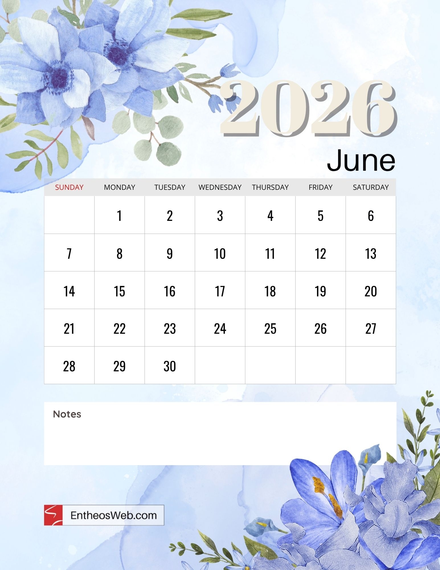 Printable 2026 Calendar By Month June