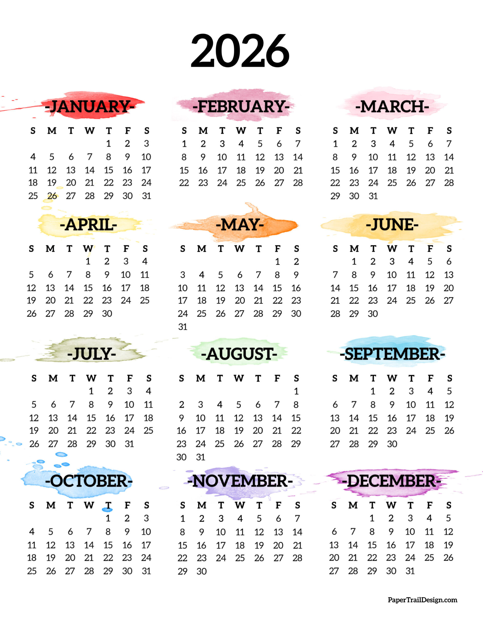 2026 printable calendar one page paper trail design
