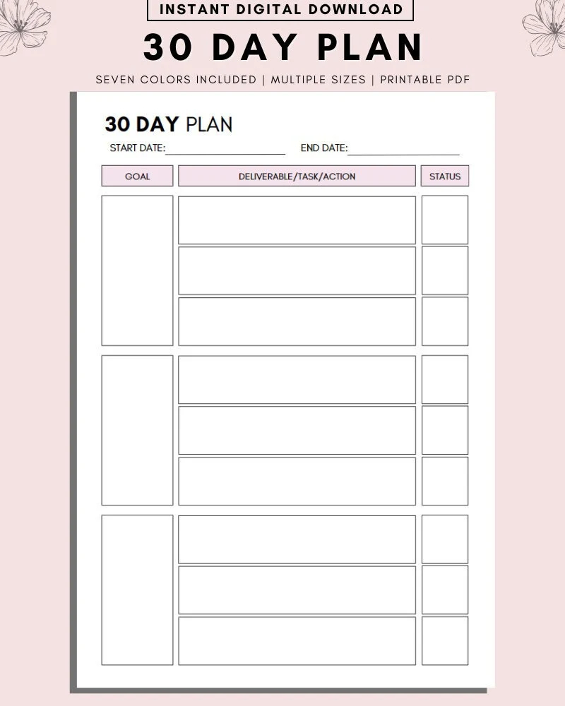 30 Day Plan Template 30 Day Printable Planner Countdown Calendar Fitness Journal Self Improvement Weight Loss Challenge Etsy