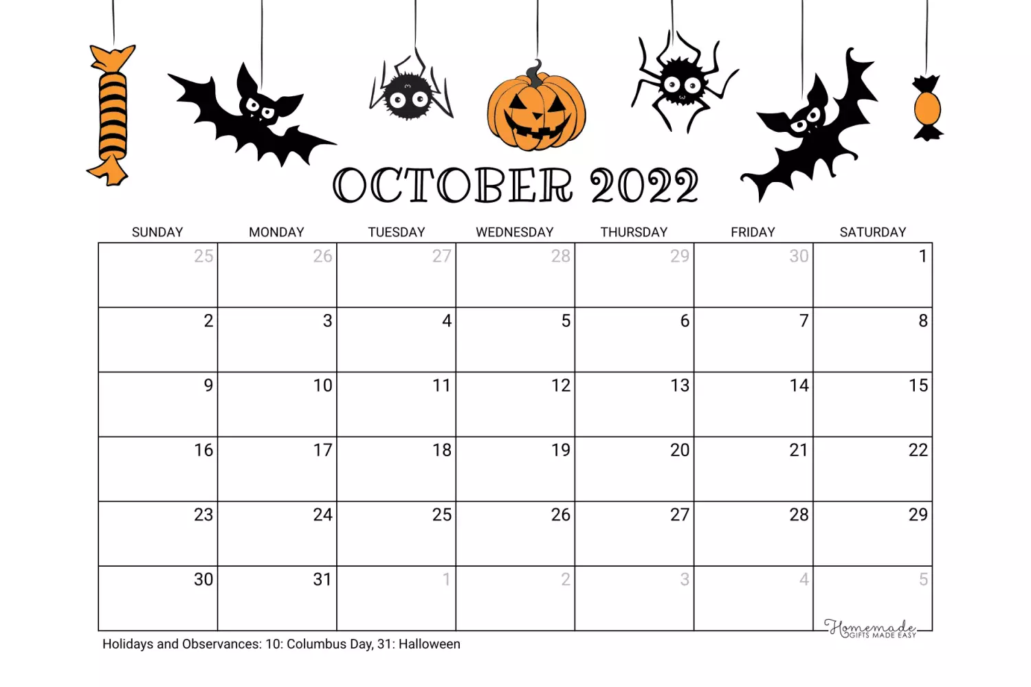 40 Free Printable October Calendars 2022