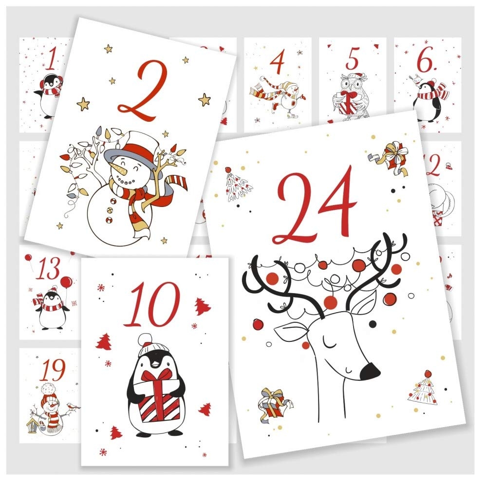Advent Calendar Numbers Exclusive Cards With Numbers 1 24 And Christmas Motif Snowman Penguin Owl Reindeer Dog Etc Size DIN A6 Amazon de Home Kitchen