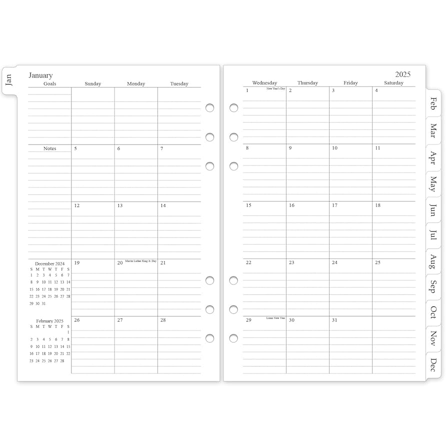 Amazon 2025 Monthly Planner Refill A5 Inserts For 6 Holes 12 Calendars With Tabs 5 5 x8 5 6 Hole Punched Office Products