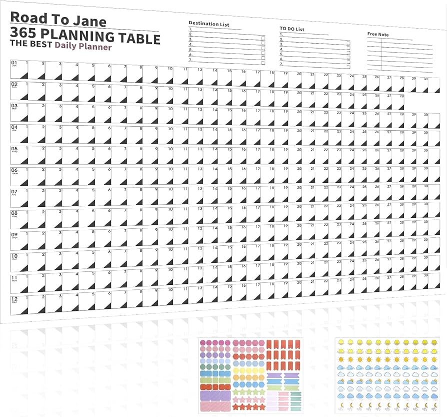 Amazon Reofrey 365 Day Poster Calendar Yearly Planner Schedule Calendar 29 2 X 20 7 Full Year Calendar One Page Thick Paper Annual Year Round Large Wall Calendar With Stickers For Office Academic Or