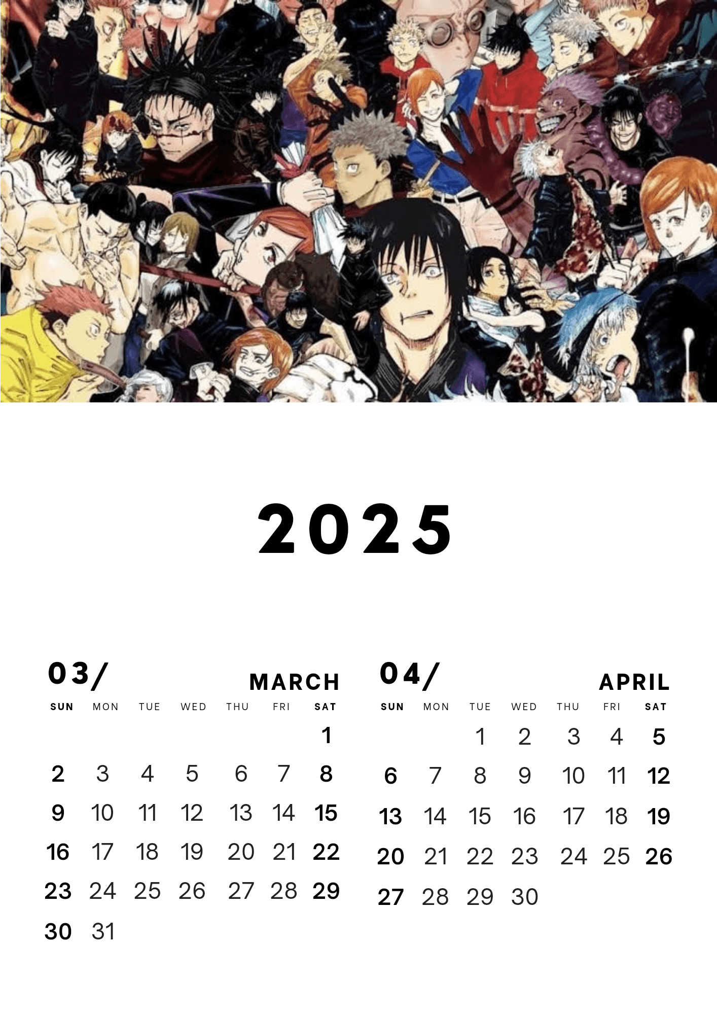 Anime Calendar 2025 Printable