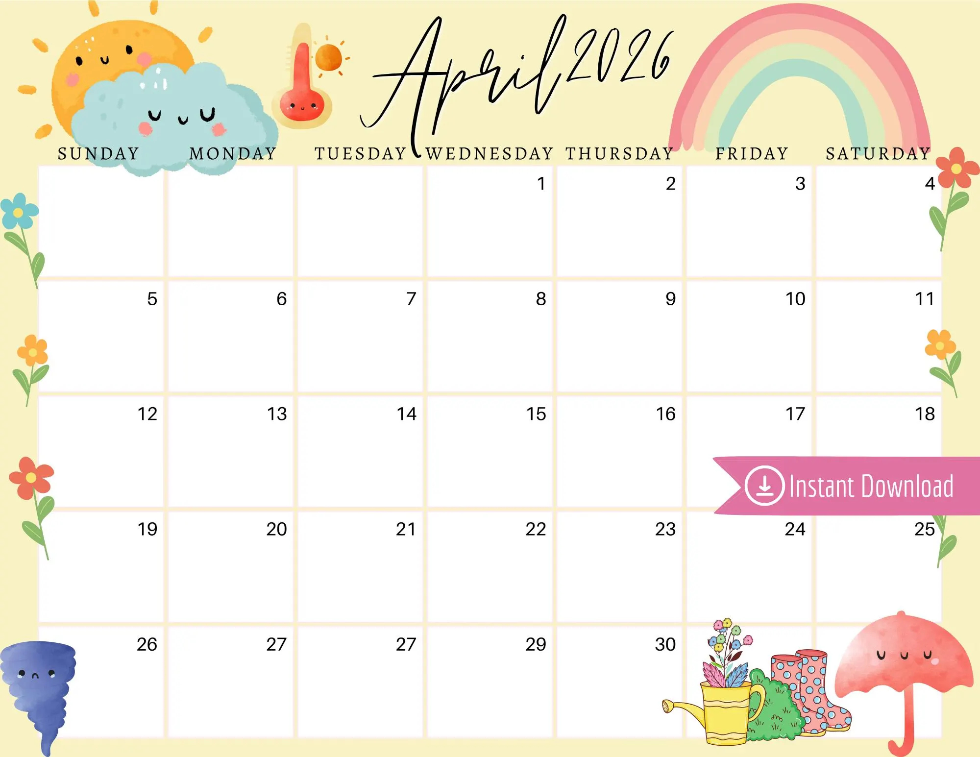 April 2026 Digital Calendar Light Yellow April Showers Editable Fillable Printable Calendar For Planning PDF PNG And JPG Download Etsy
