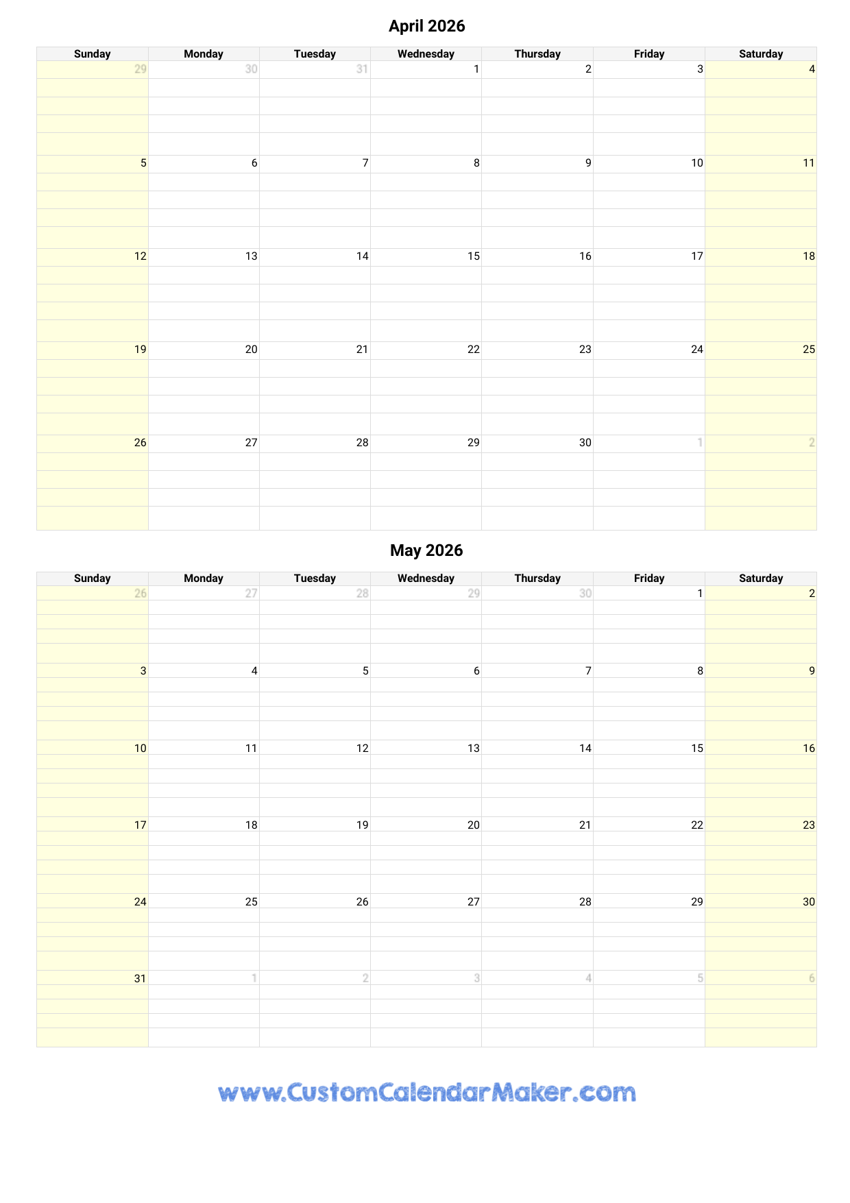 April And May 2026 Calendar Custom Calendar Maker