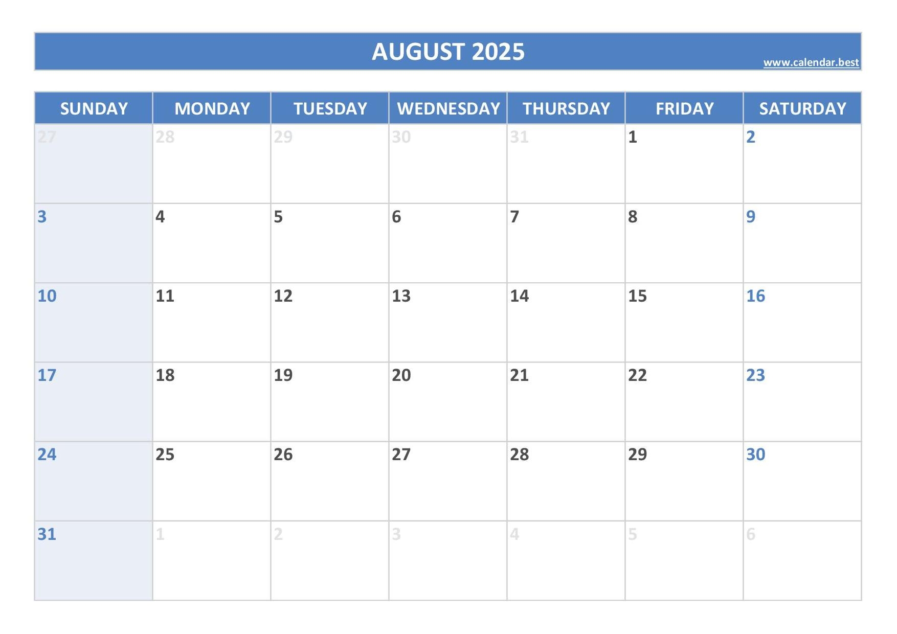 Blank Calendar Aug 2025 Printable