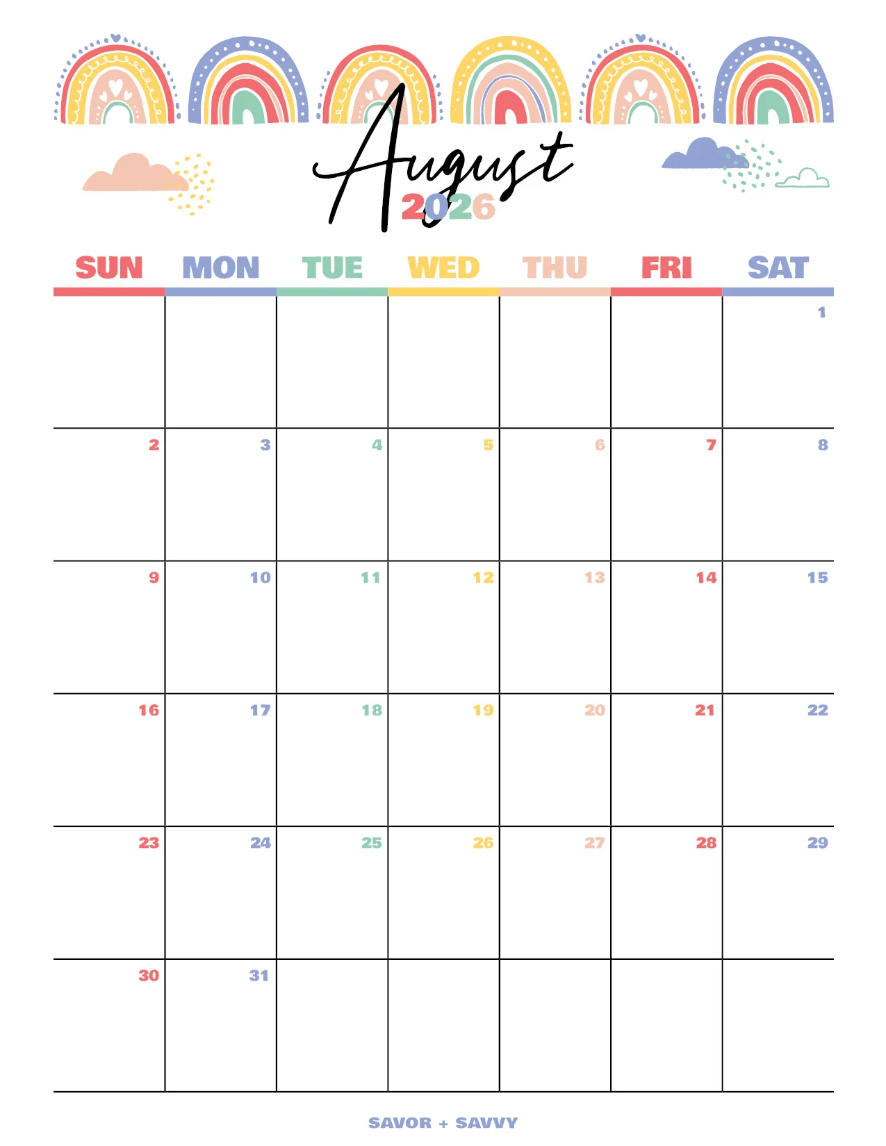 August 2026 Calendar Templates 14 Free Printables Savor Savvy