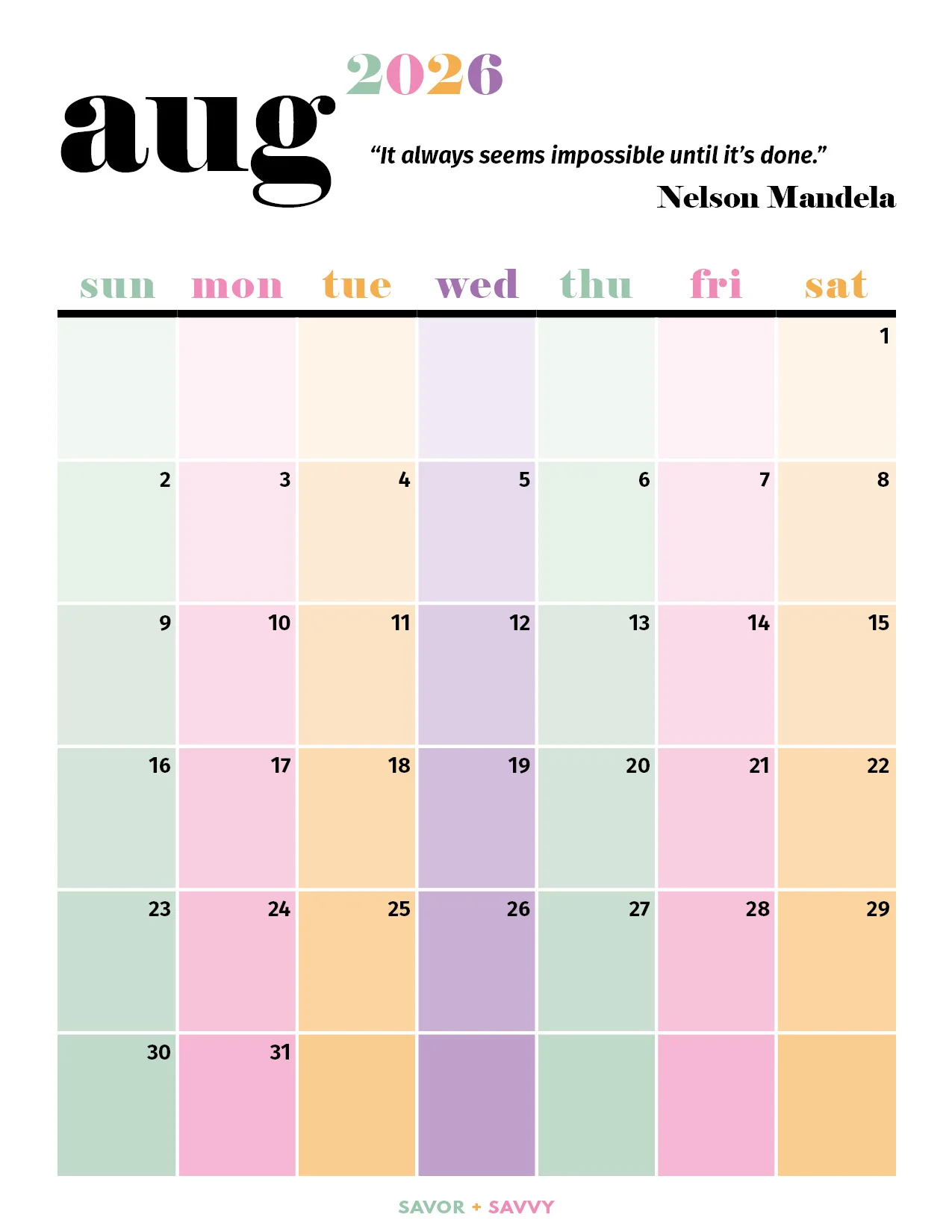 August 2026 Calendar Templates 14 Free Printables Savor Savvy