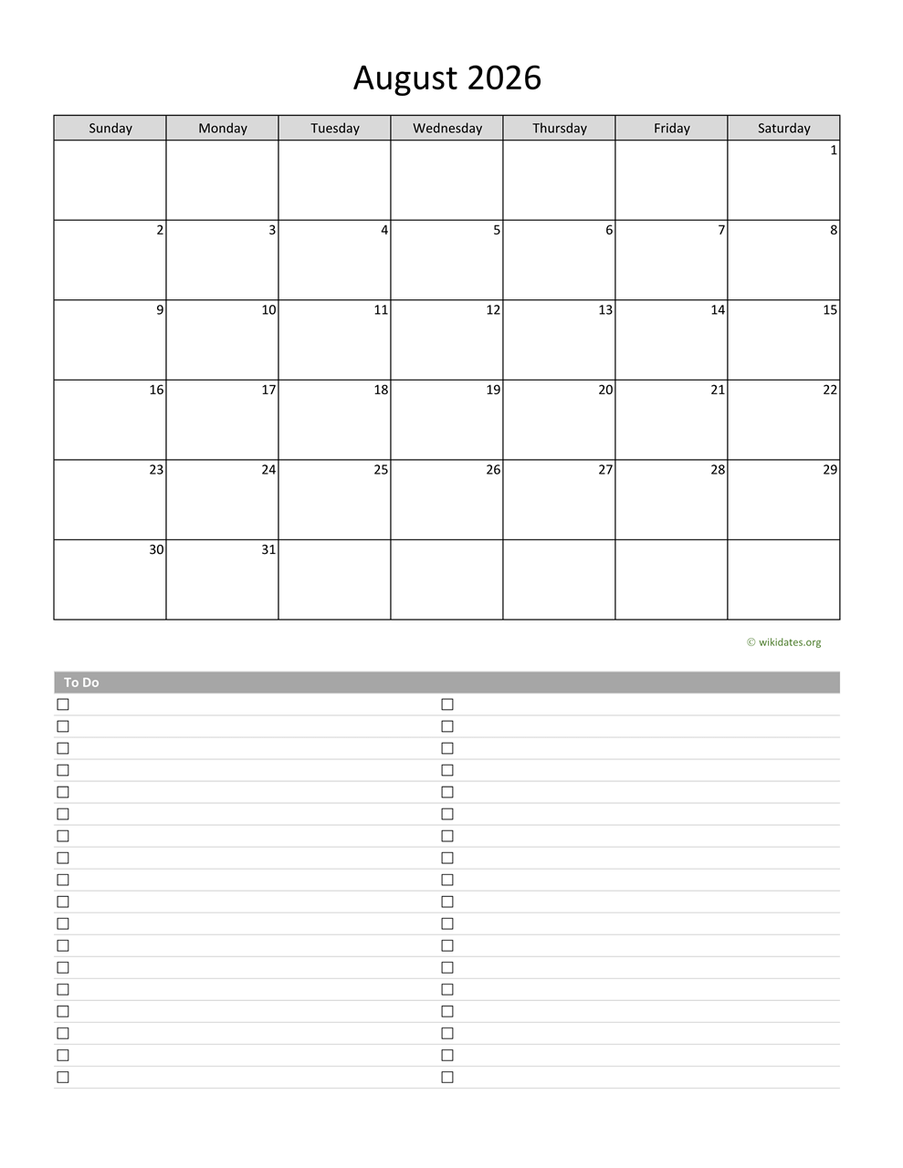 August 2026 Calendar With To Do List WikiDates