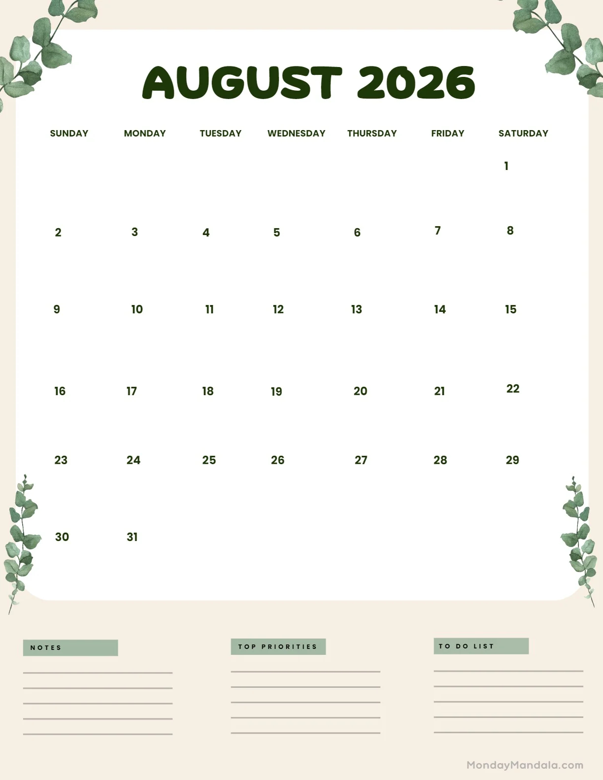 Full Page Printable August 2026 Calendar