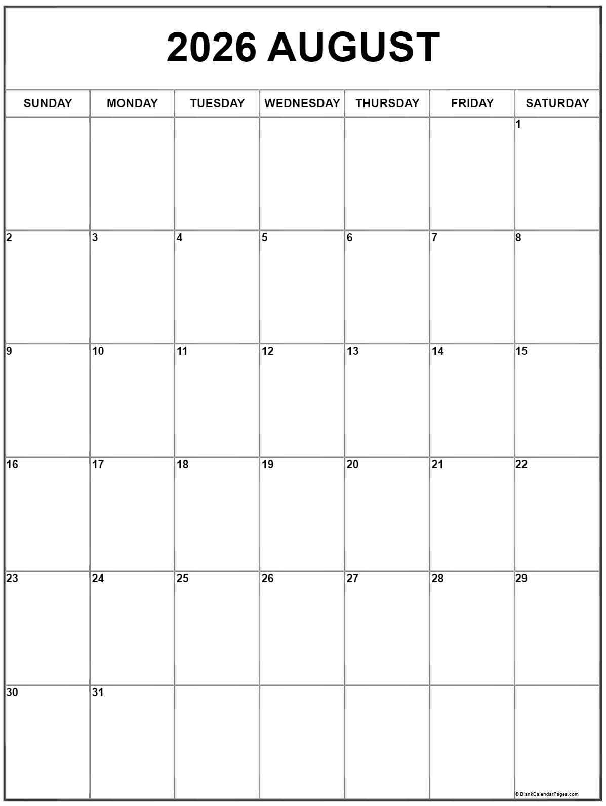 August 2026 Vertical Calendar Portrait