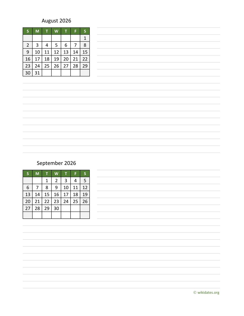 Printable August And September 2026 Calendar