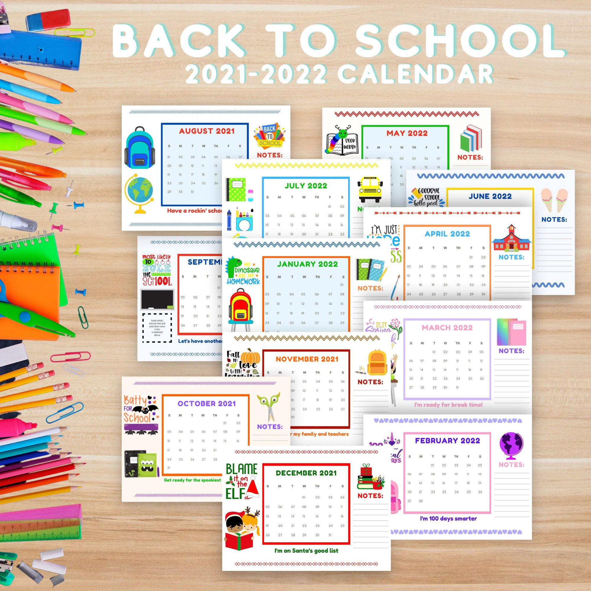 Back To School Calendar Printable For Kids Year 2021 2022 Etsy