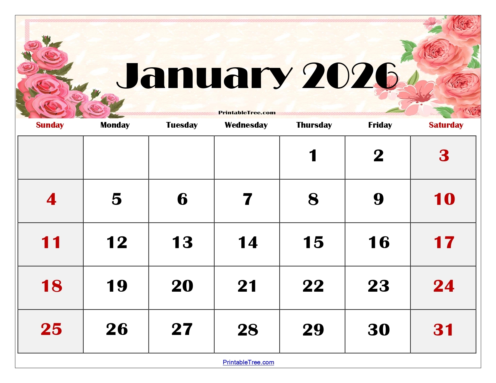Blank January 2026 Calendar Printable PDF Templates