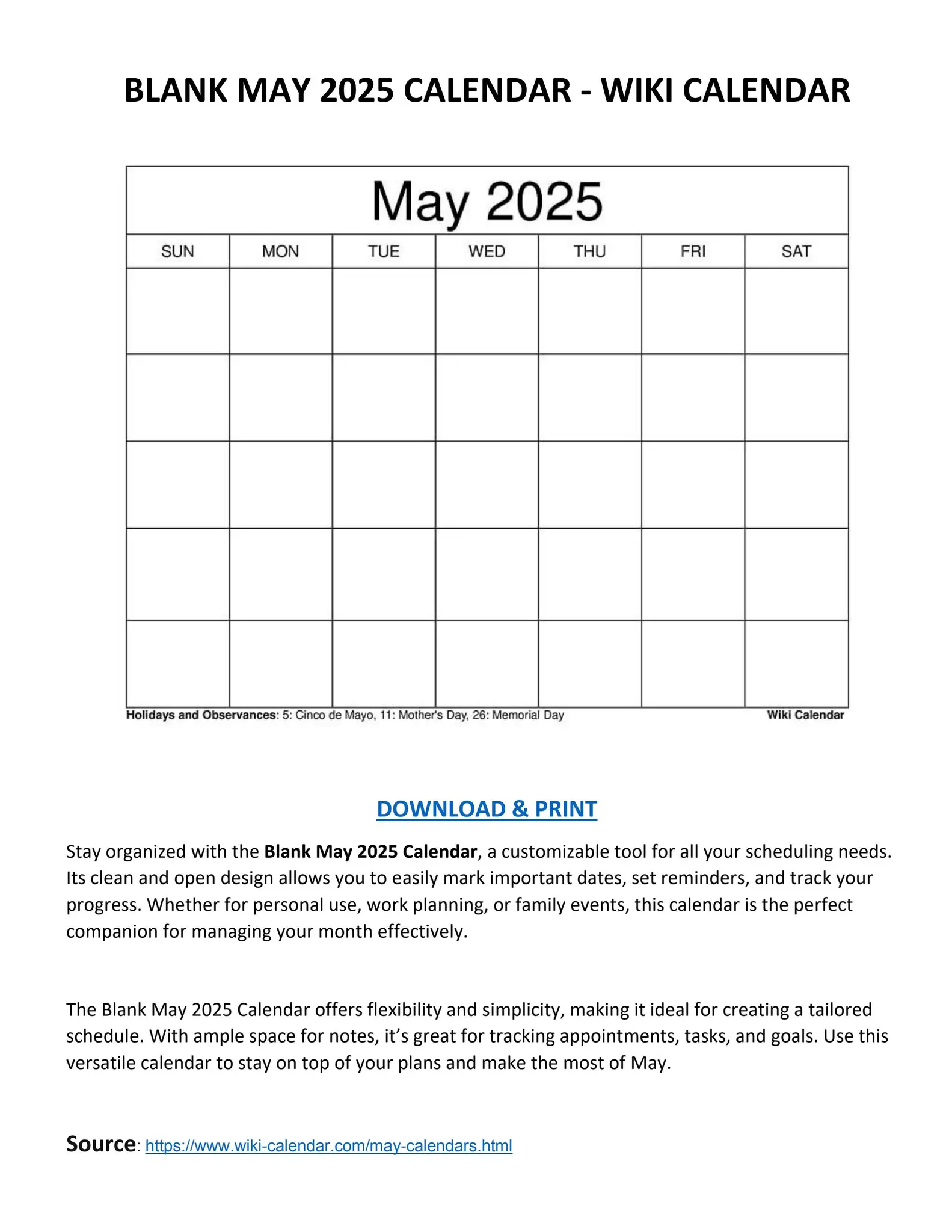 Blank May 2025 Calendar Wiki Calendar
