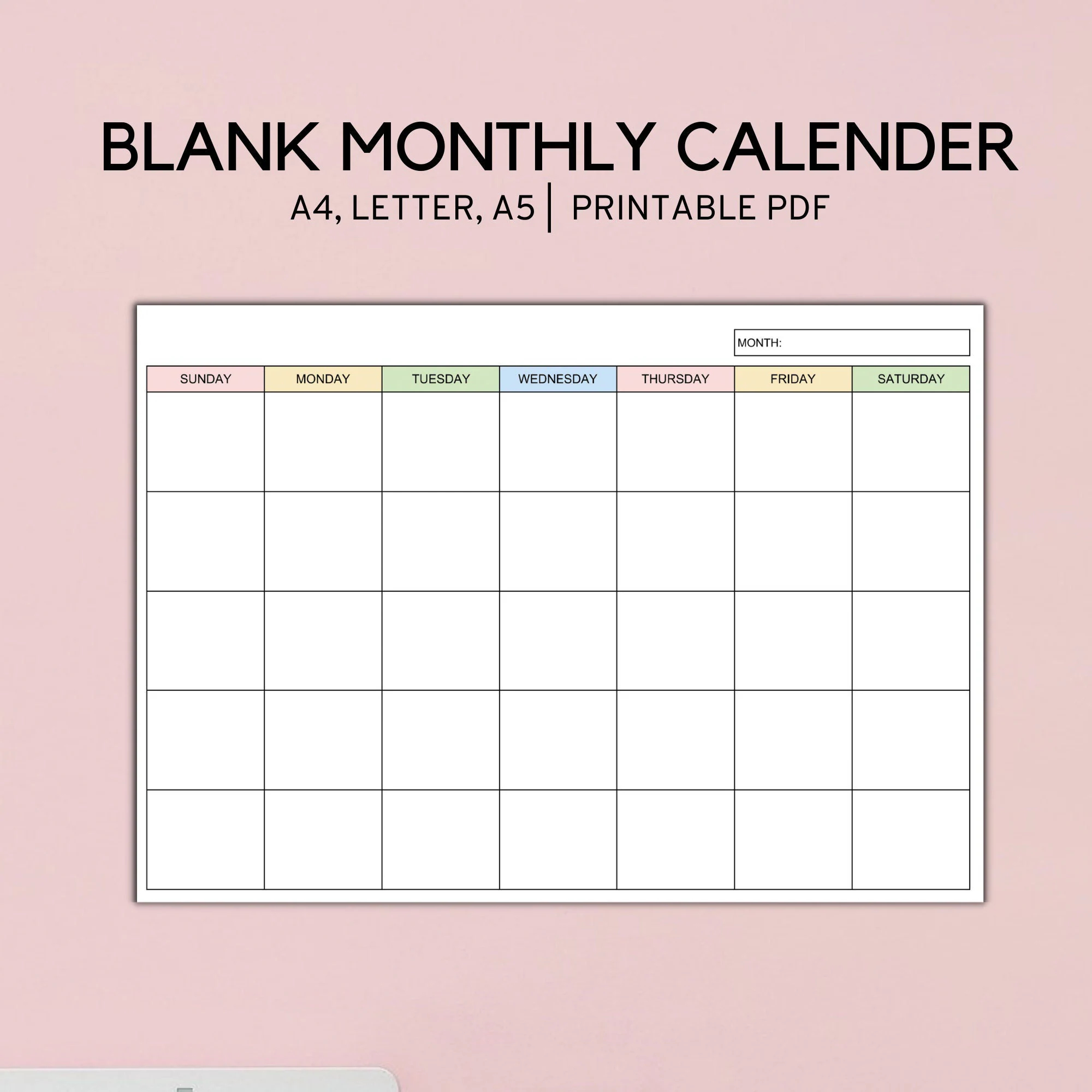 Blank Monthly Calendar Landscape Printable Minimalist Calendar Template A4 LETTER A5 Etsy