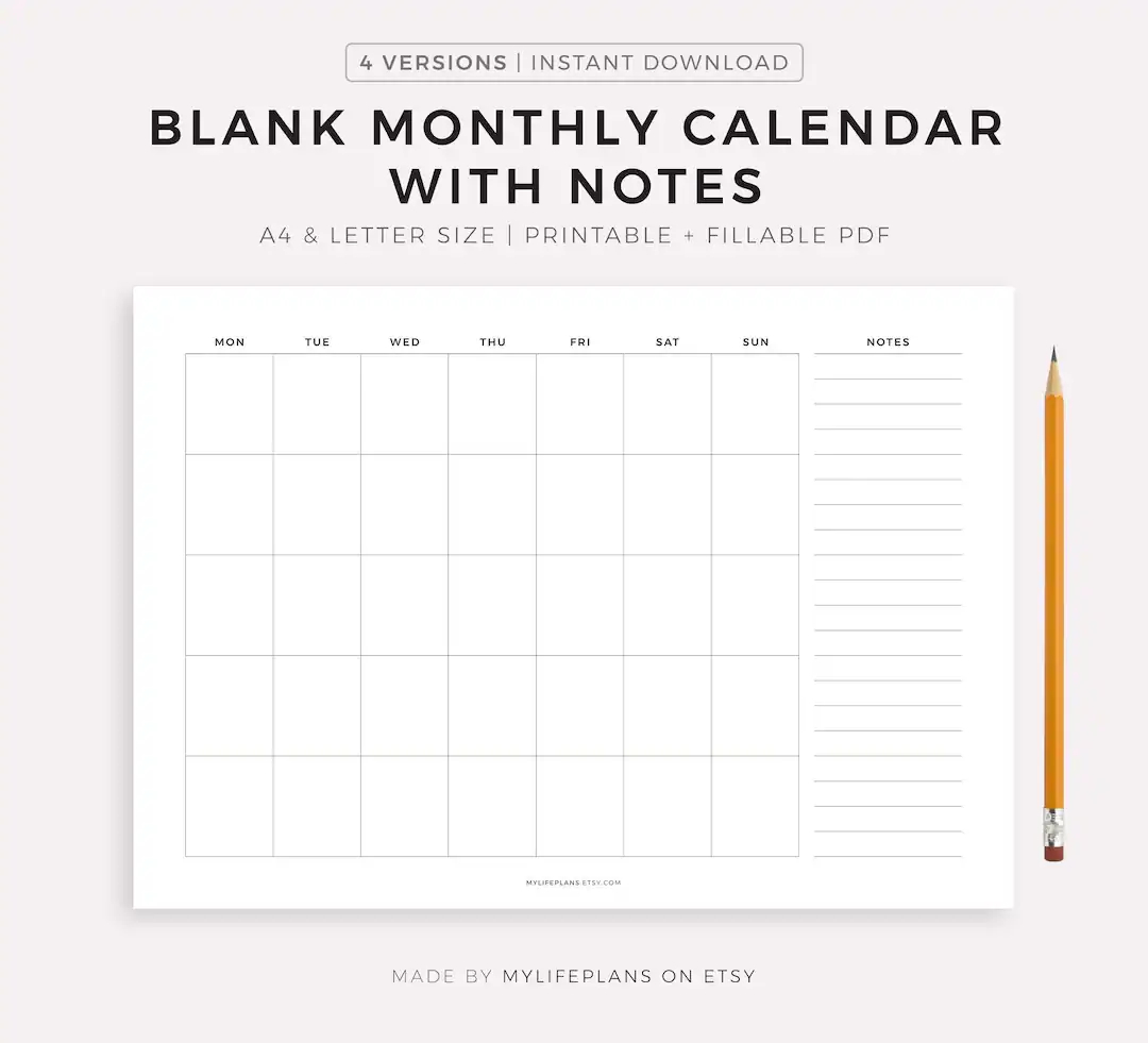 Blank Calendar With Notes Printable Free