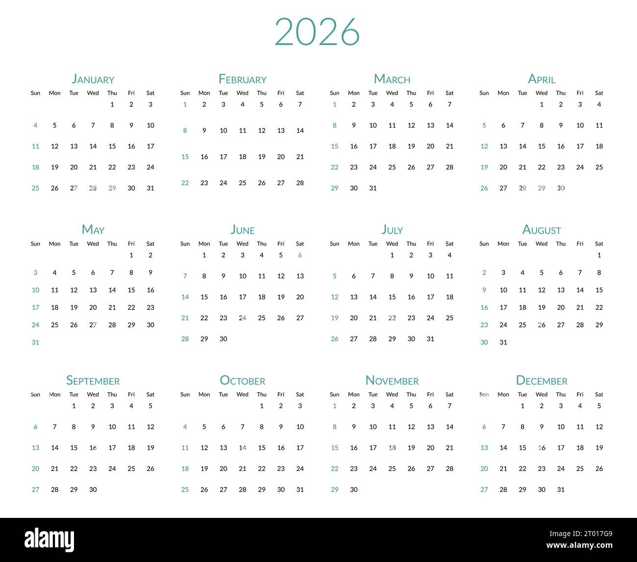 Blank Calendar Pages 2026 Yearly Printable