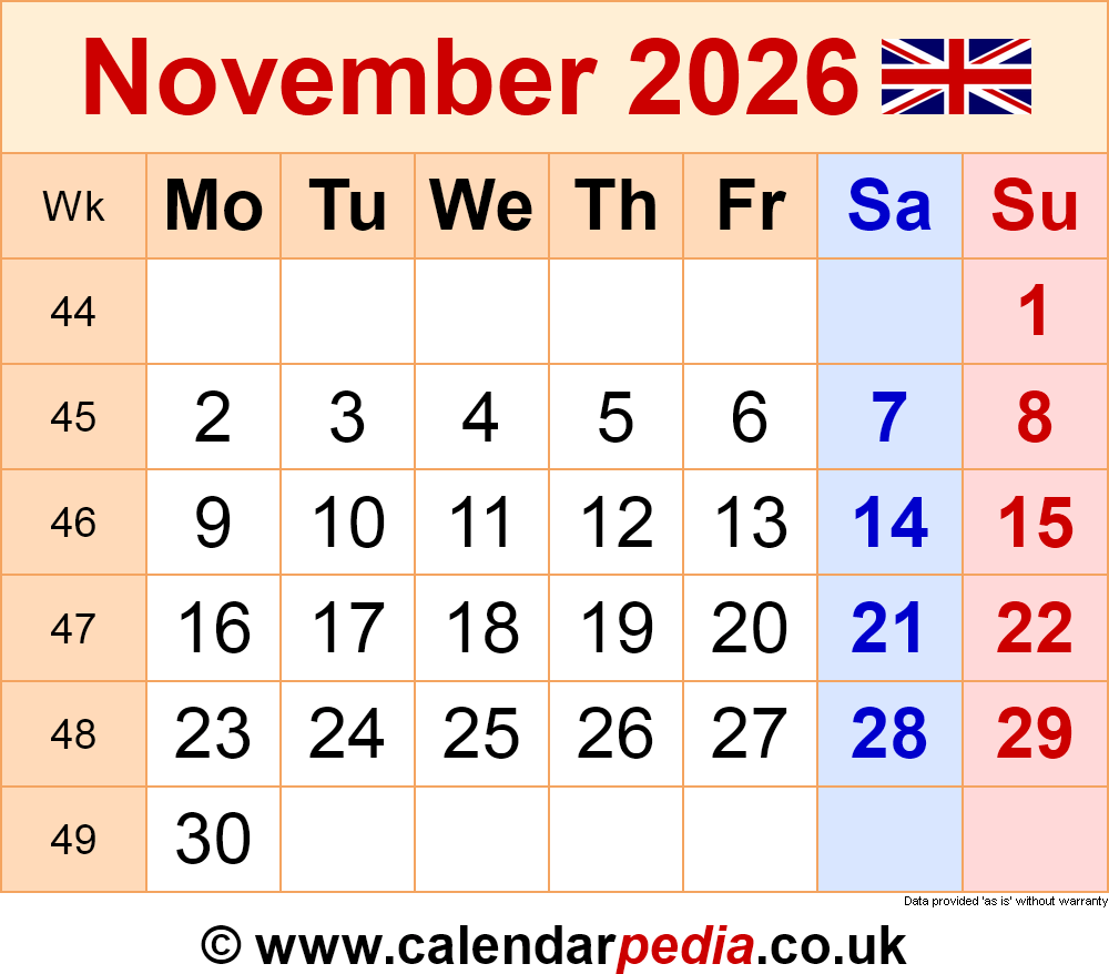 Calendar November 2026 UK With PDF Excel And Word Templates