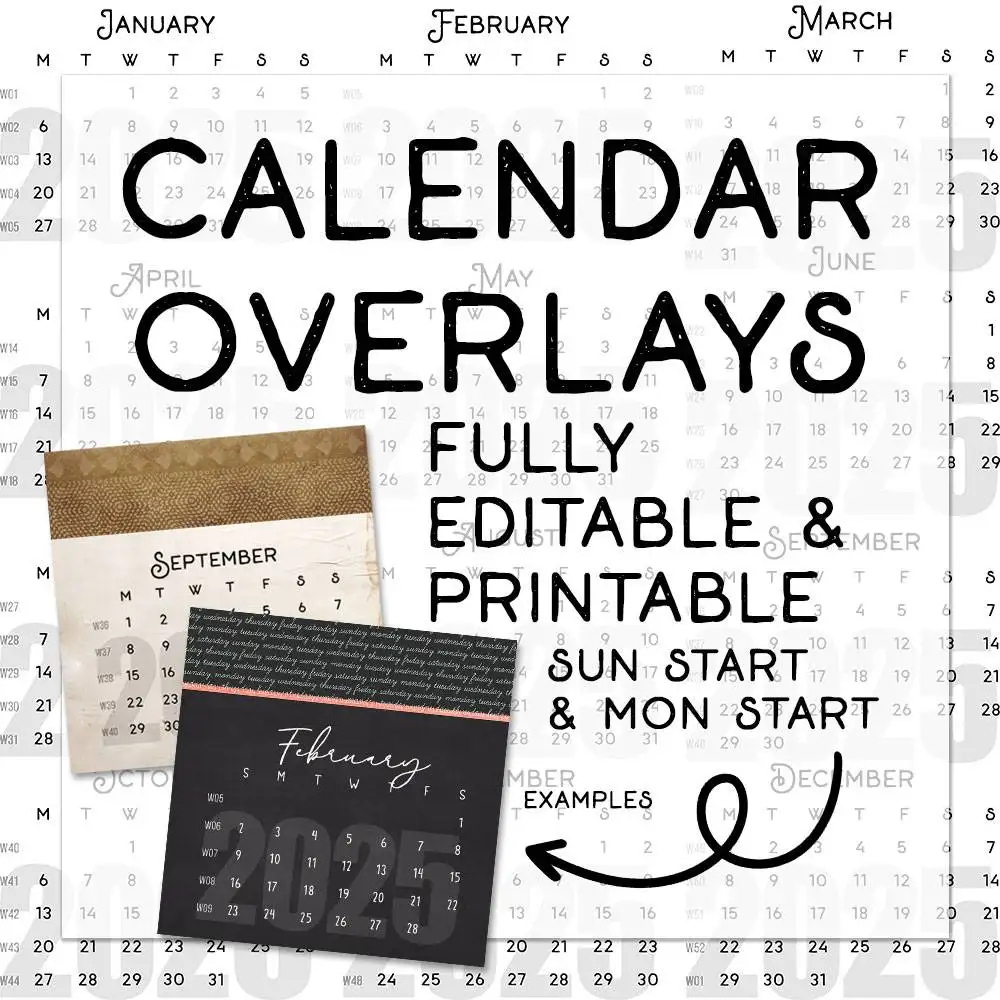 Calendar Overlays For Scrapbooking Editable Printable 