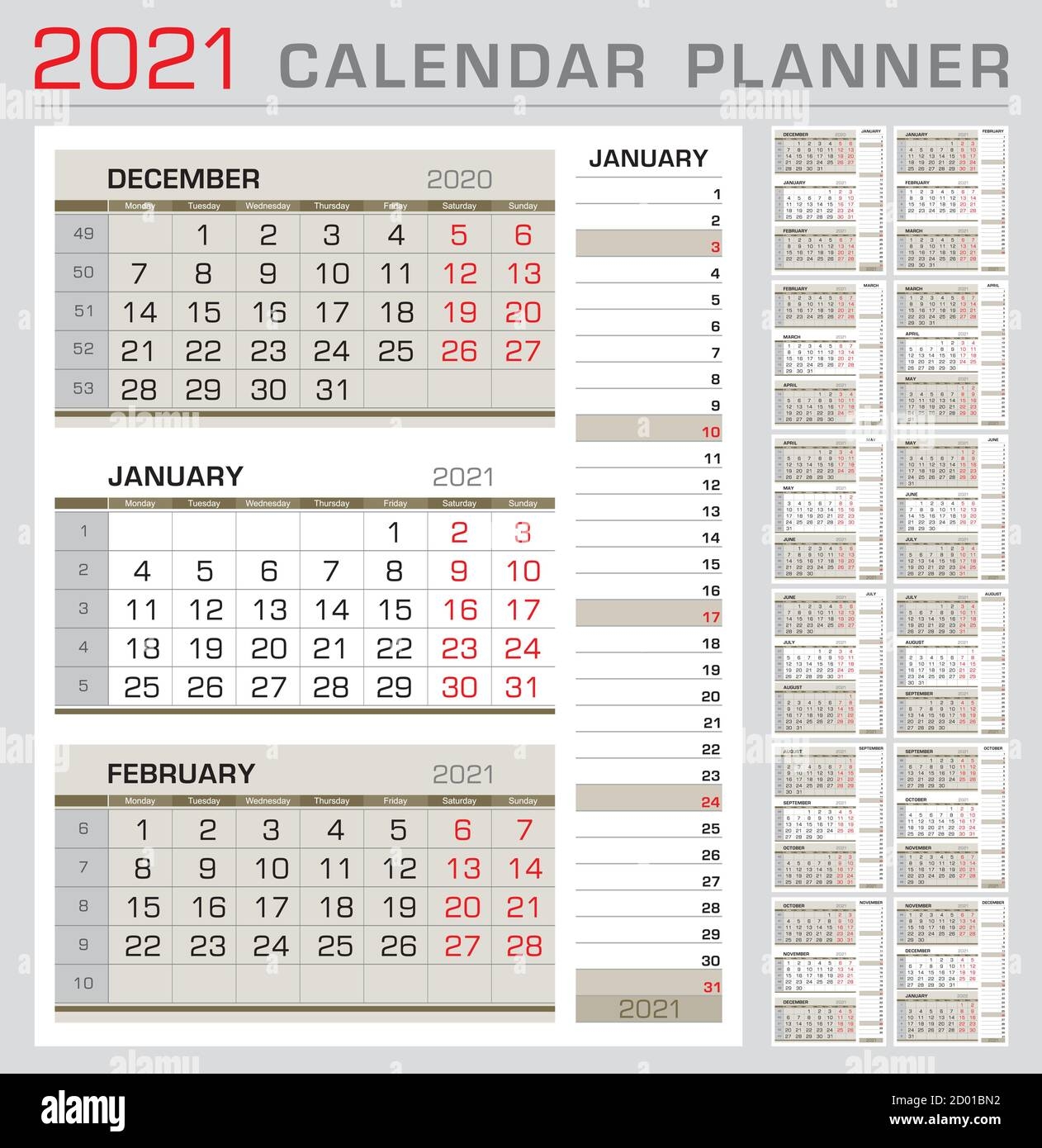 Calendar Planner Template 2021 Week Start From Monday 3 Month Calendar On Page With Right Stripe Calender Of The Topical Month Ready For Print Ve Stock Vector Image Art Alamy