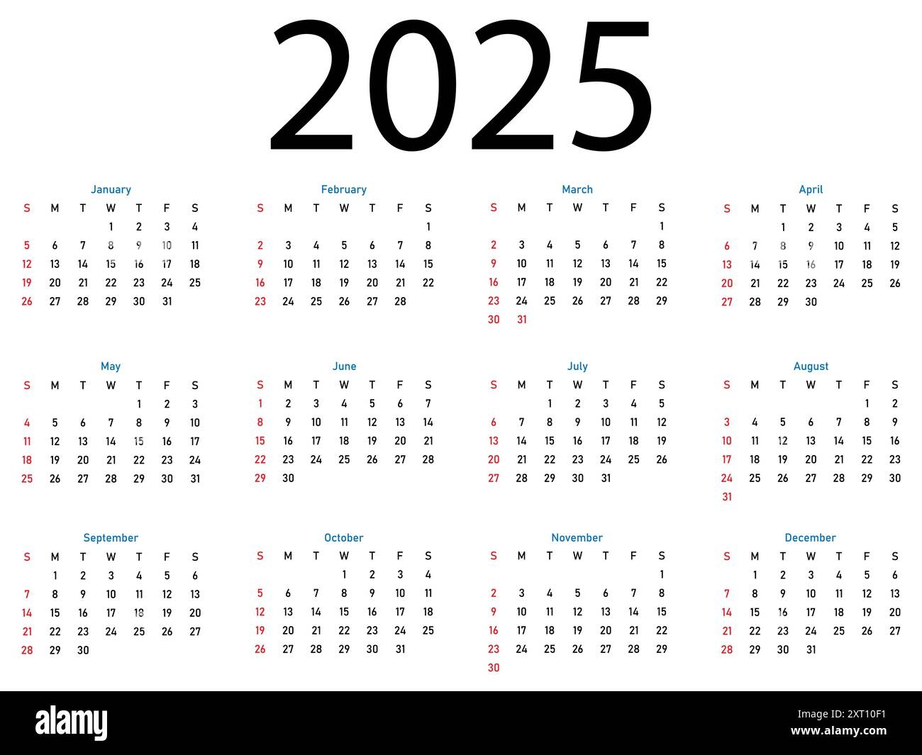 calendar template for 2025 year week starts on sunday stock vector image art alamy