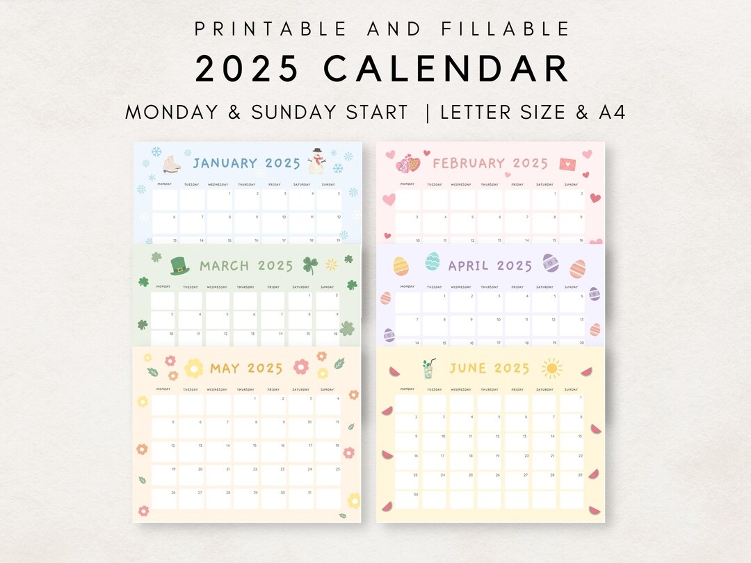 Cute 2025 Calendar Printable Monthly Calendar 2025 2025 Planner Monthly Planner 2025 Aesthetic Calendar Editable Calendar Etsy