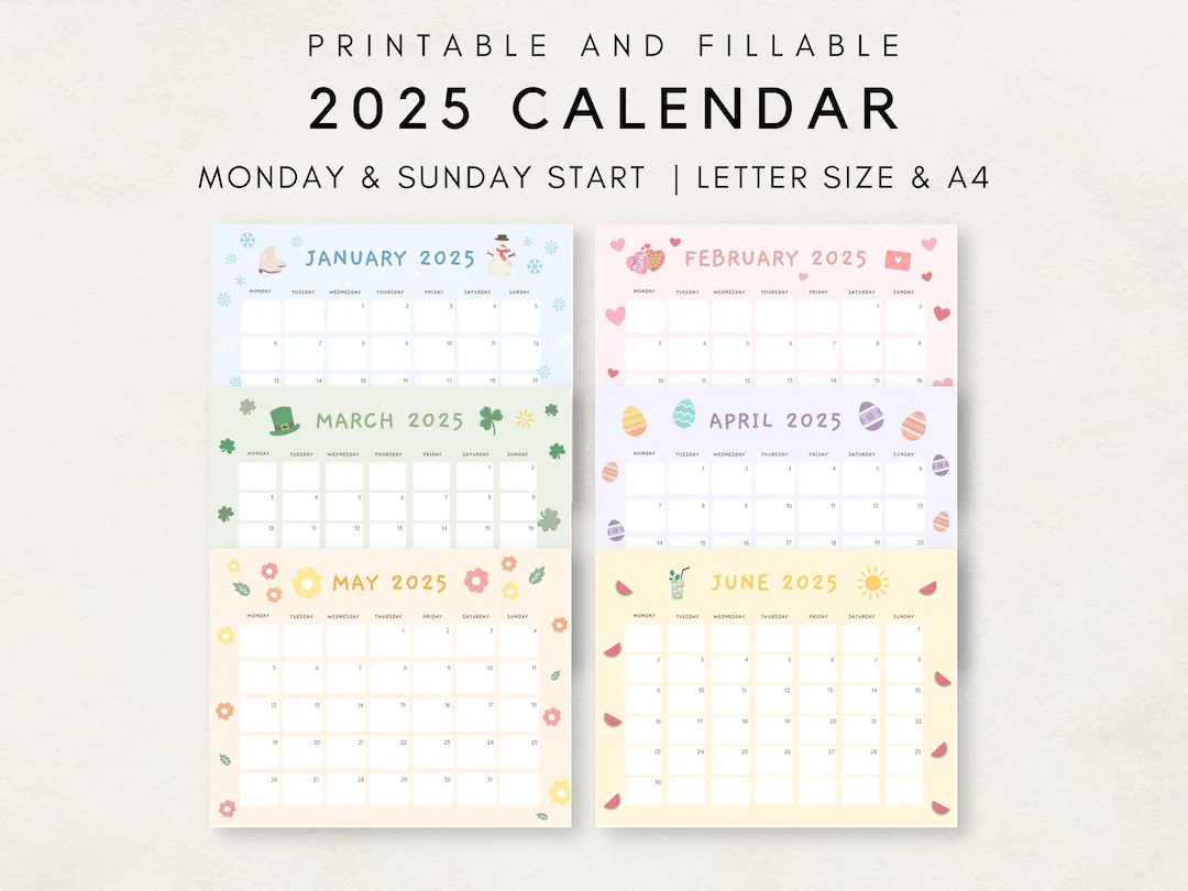 Cute 2025 Calendar Printable Monthly Calendar 2025 2025 Planner Monthly Planner 2025 Aesthetic Calendar Editable Calendar Etsy