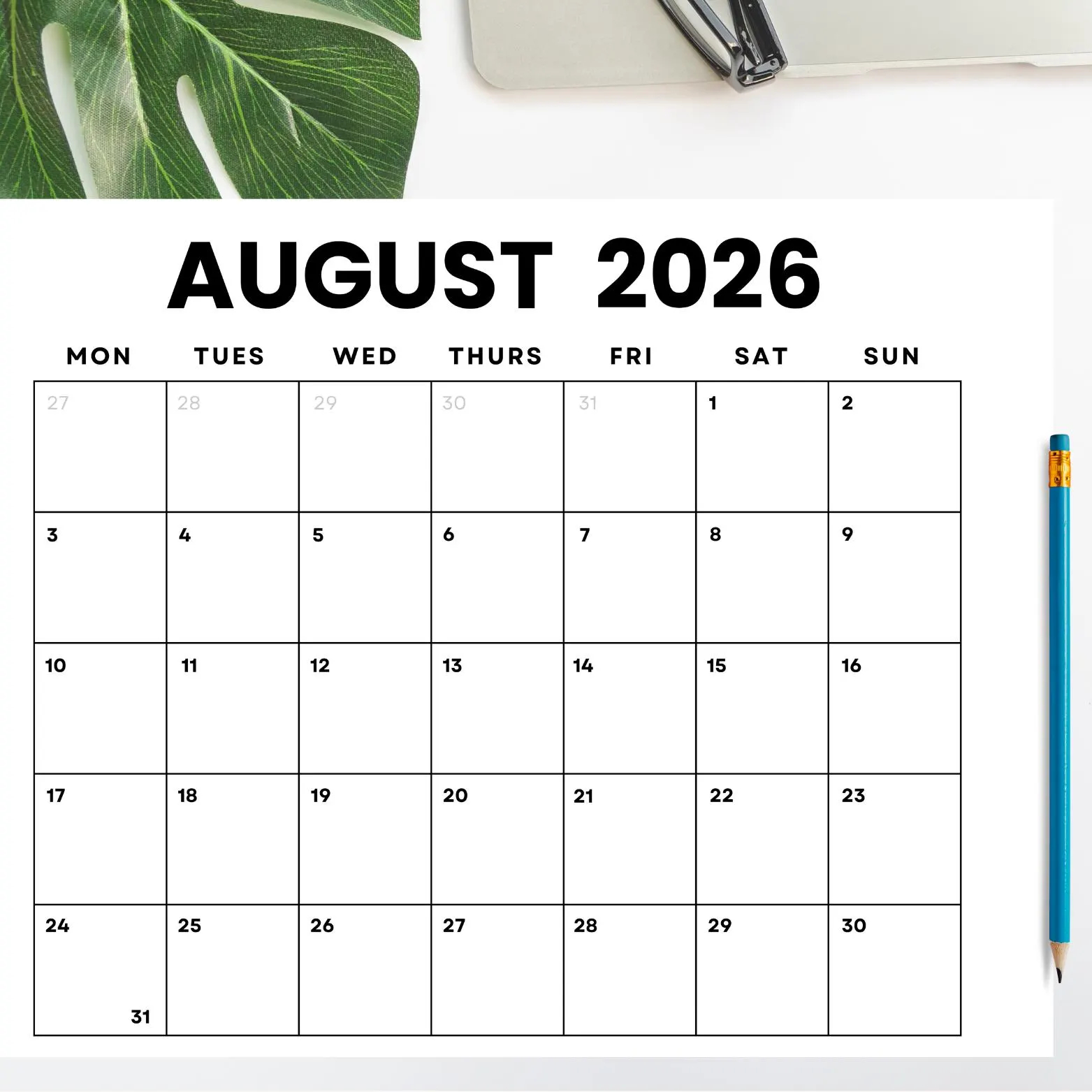 Dated August 2026 Minimalist Monthly Calendar Printable PDF Instant Digital Download Dated Monthly Planner 2026 Sunday Monday Start Etsy