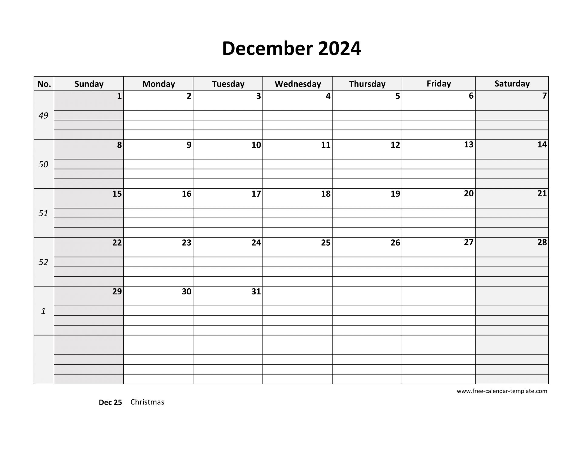 December 2024 Calendar Free Printable With Grid Lines Designed horizontal Free calendar template