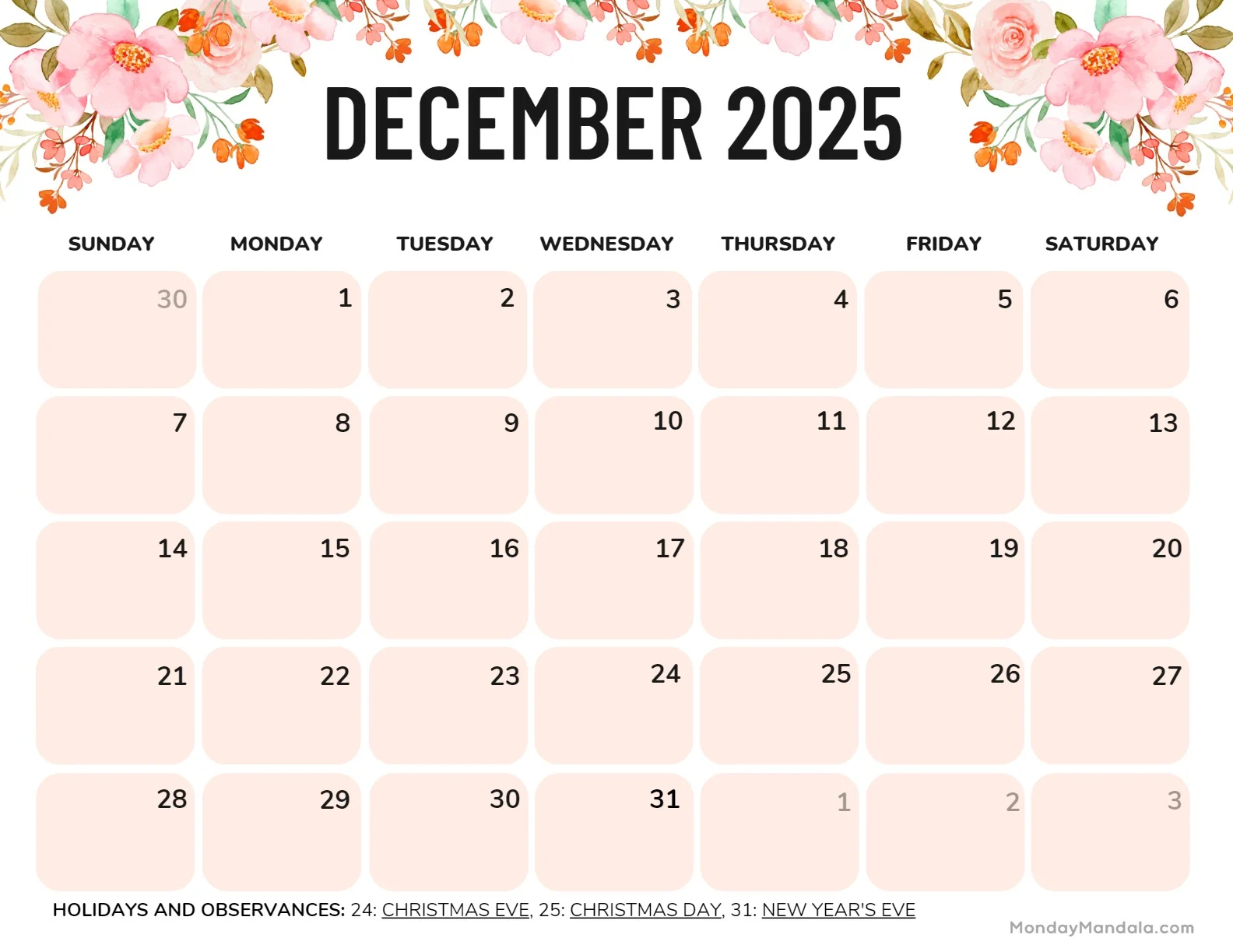 December 2025 Calendar 52 Free PDF Printables 