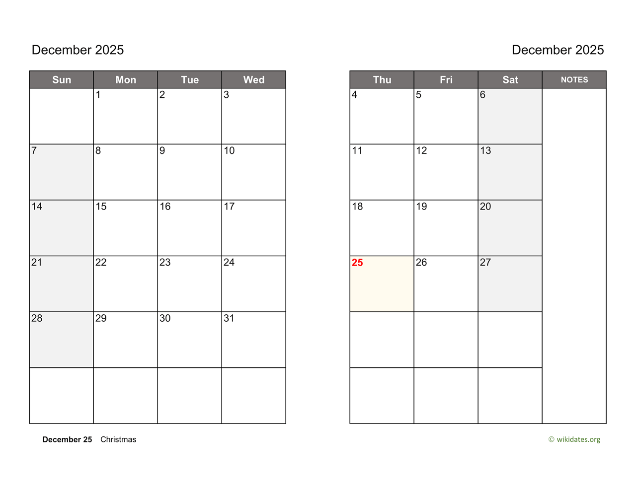 December 2025 Calendar On Two Pages WikiDates