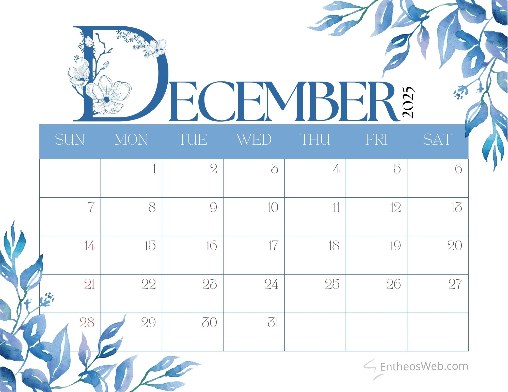 December 2025 Calendar Printables EntheosWeb