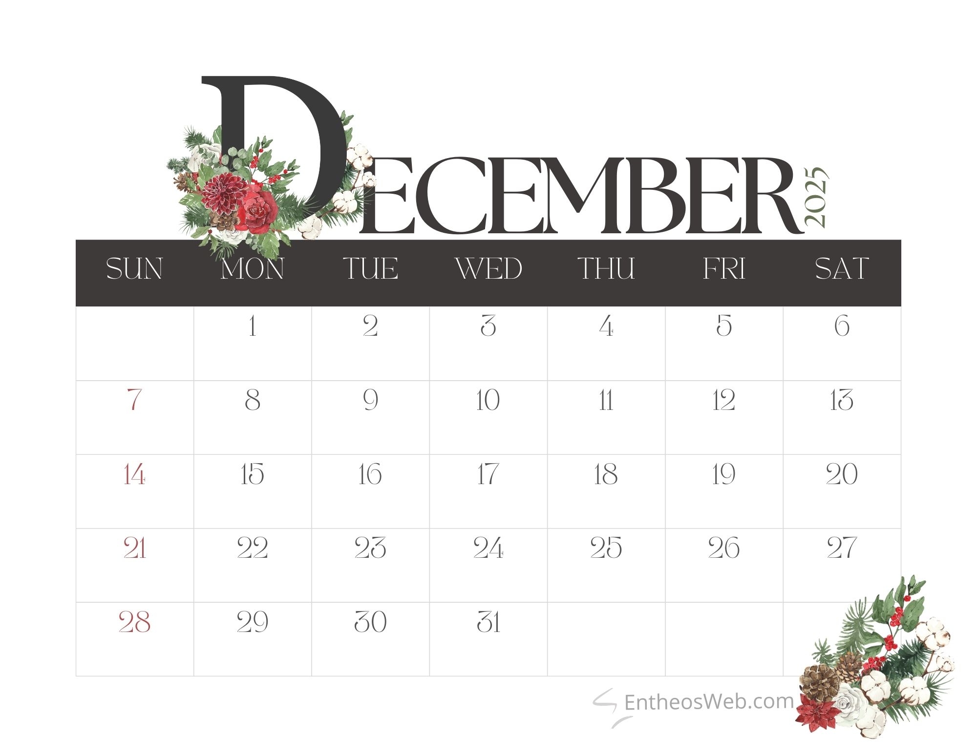 December 2025 Calendar Printable Cute