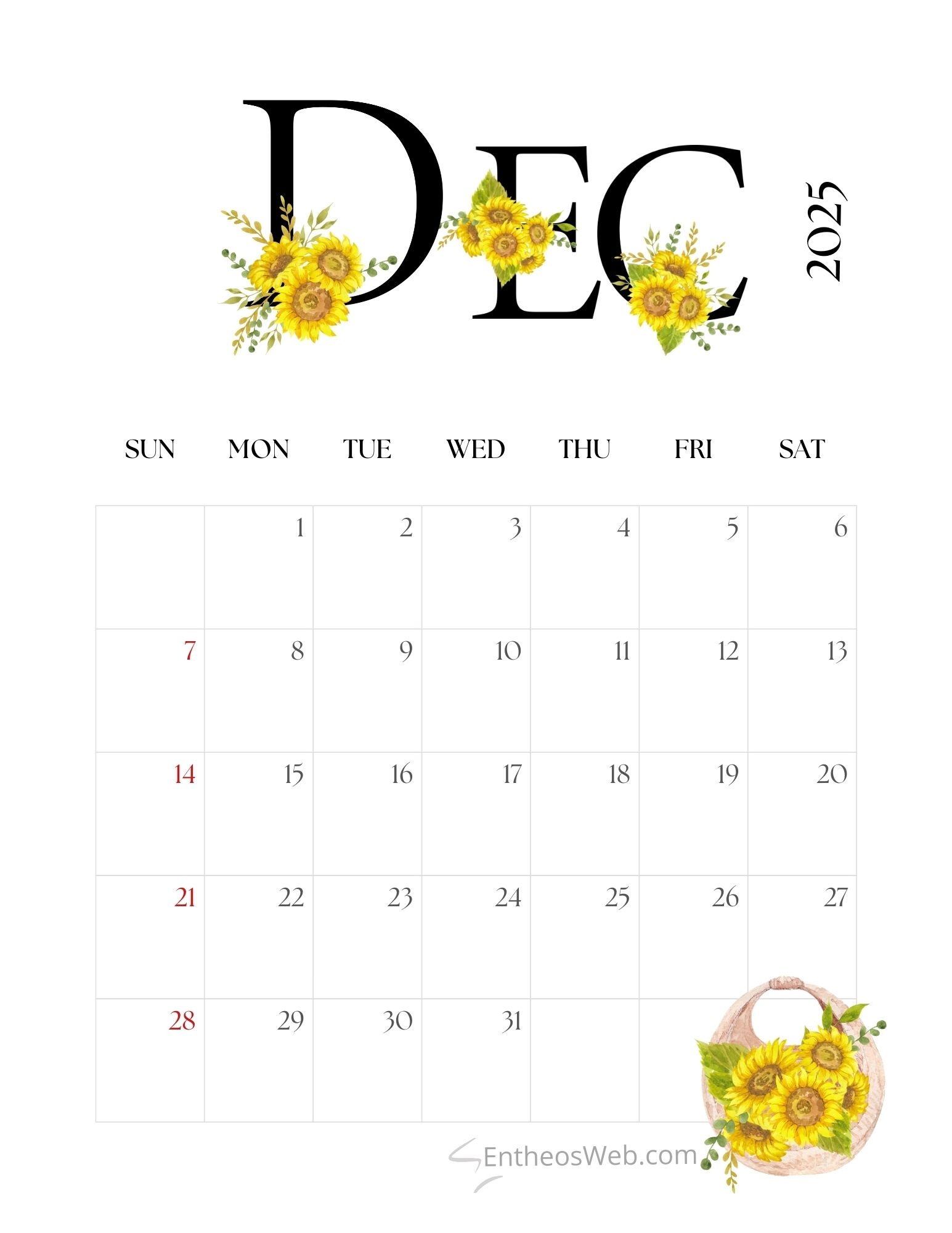 Blank Monthly Calendar December 2025 Printable
