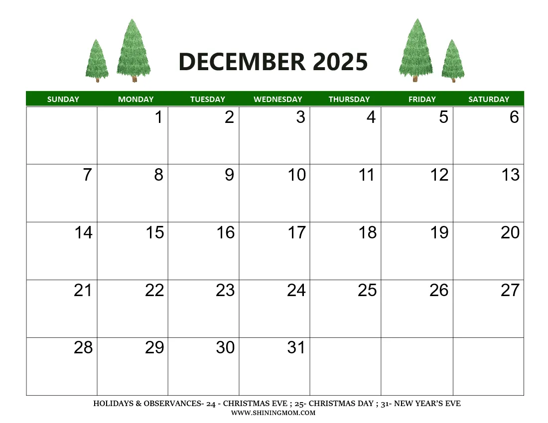 December Printable Calendar 2025 Free