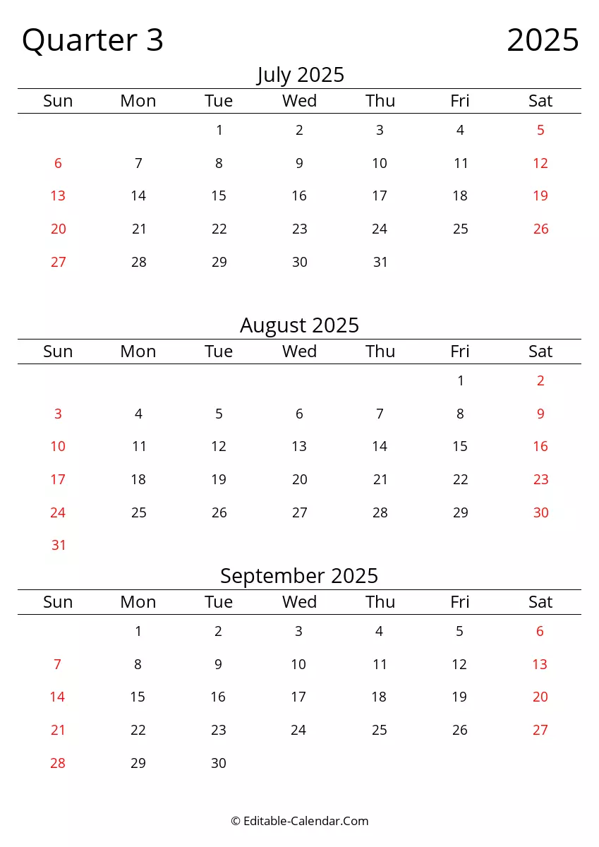 Download Quarter 3 2025 Three Month Calendar Sunday Start