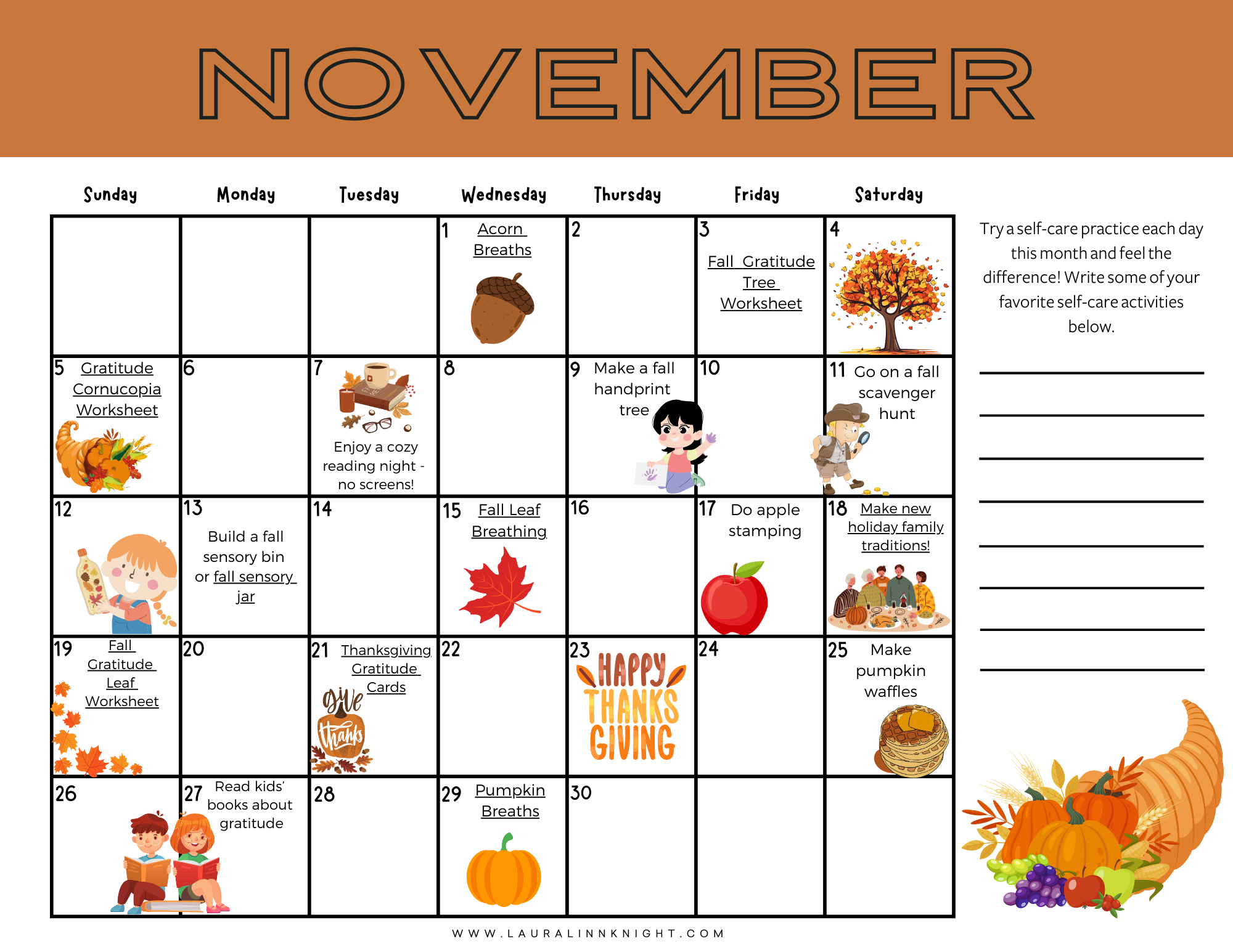 Download The FREE November 2023 Kids Self Care And Fall Family Fun Calendar Laura Linn Knight