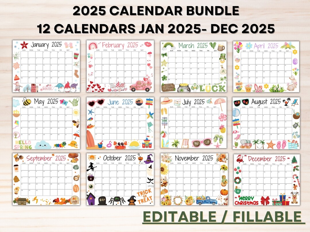Editable 2025 Calendar Bundle Printable January Calendar 2025 Holiday Calendars For The Whole Year Monthly Homeschool Calendar Fillable Etsy