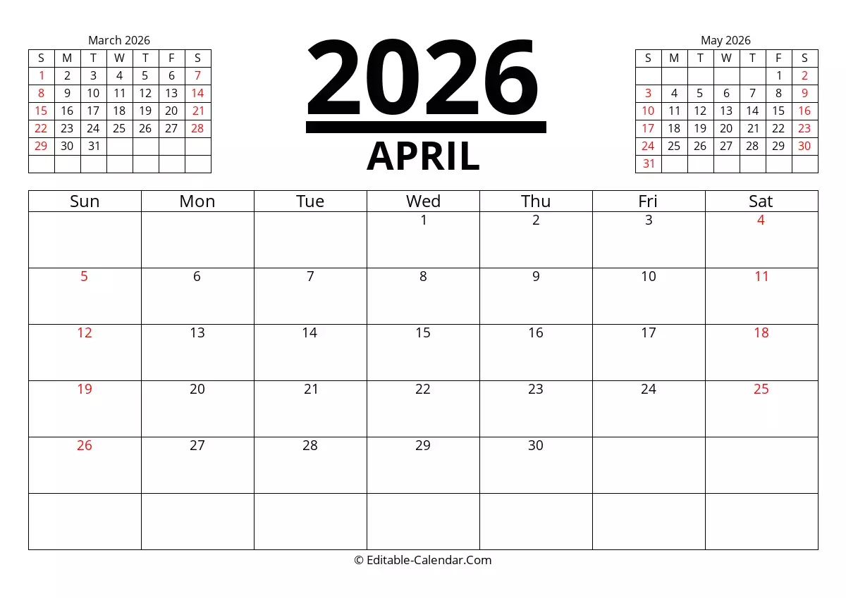 Editable Calendar April 2026 In Excel Word PDF
