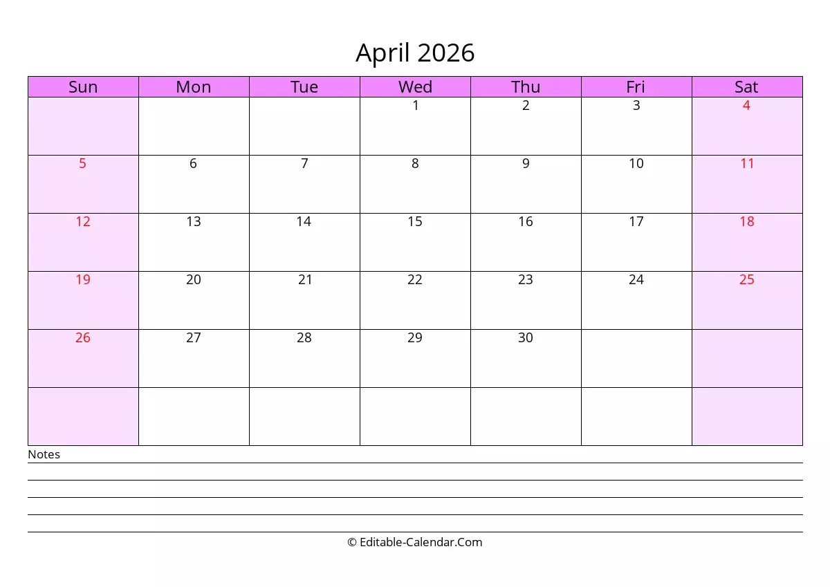 Editable Calendar April 2026 In Excel Word PDF