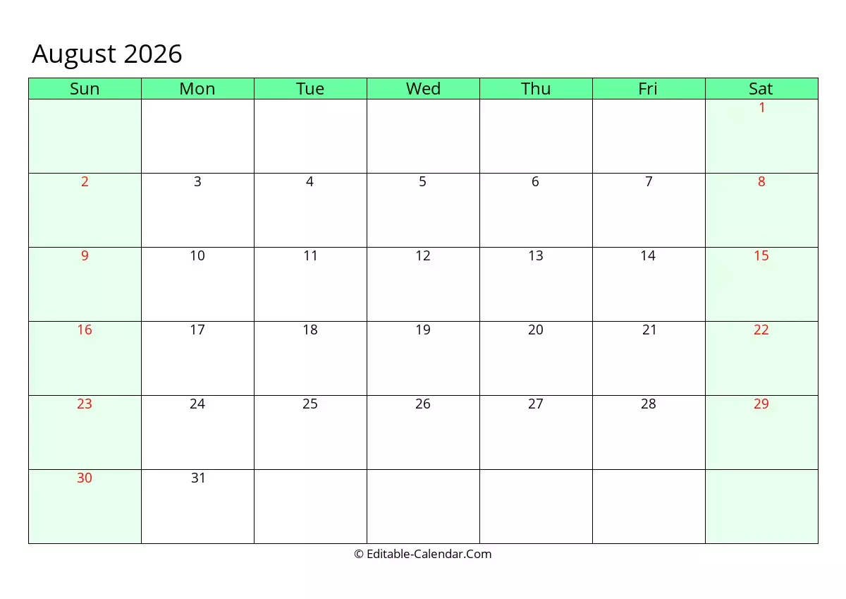 Editable Calendar August 2026 In Excel Word PDF