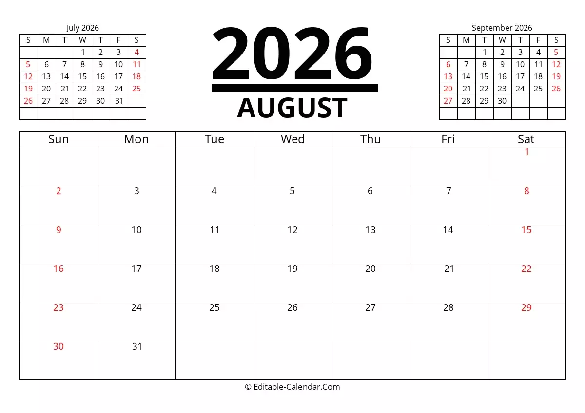 Printable Calendar July-August 2026